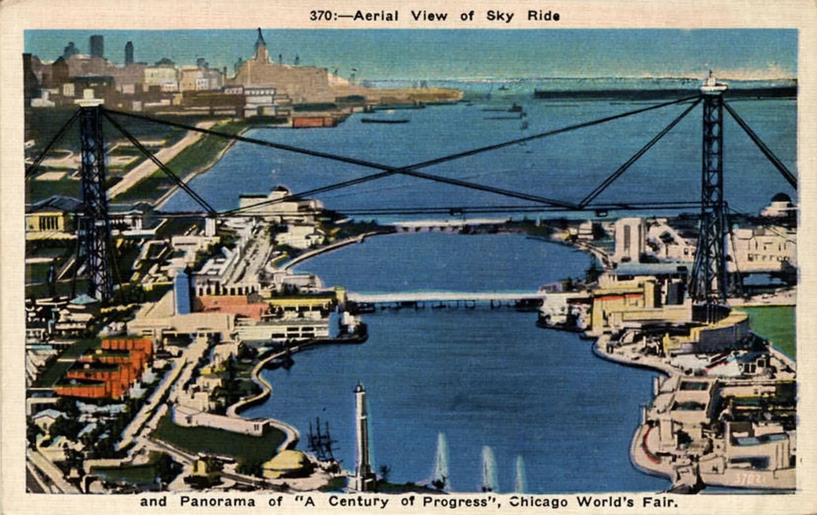 Aerial panoramic view of the Century of Progress World's Fair in Chicago, 1933, showing the Sky Ride towers and fairground buildings along the lakefront