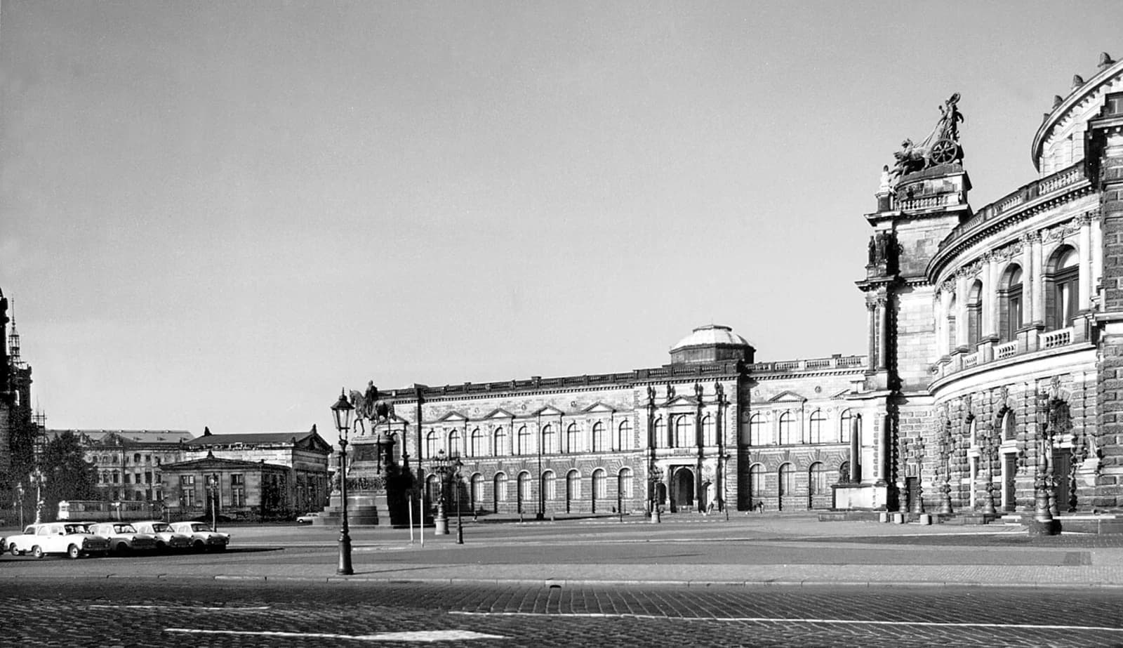 View from Theaterplatz in Dresden showing the Semperbau (Semper Gallery) of the Zwinger, which houses the Gemäldegalerie Alte Meister, built 1847–1854 by Gottfried Semper