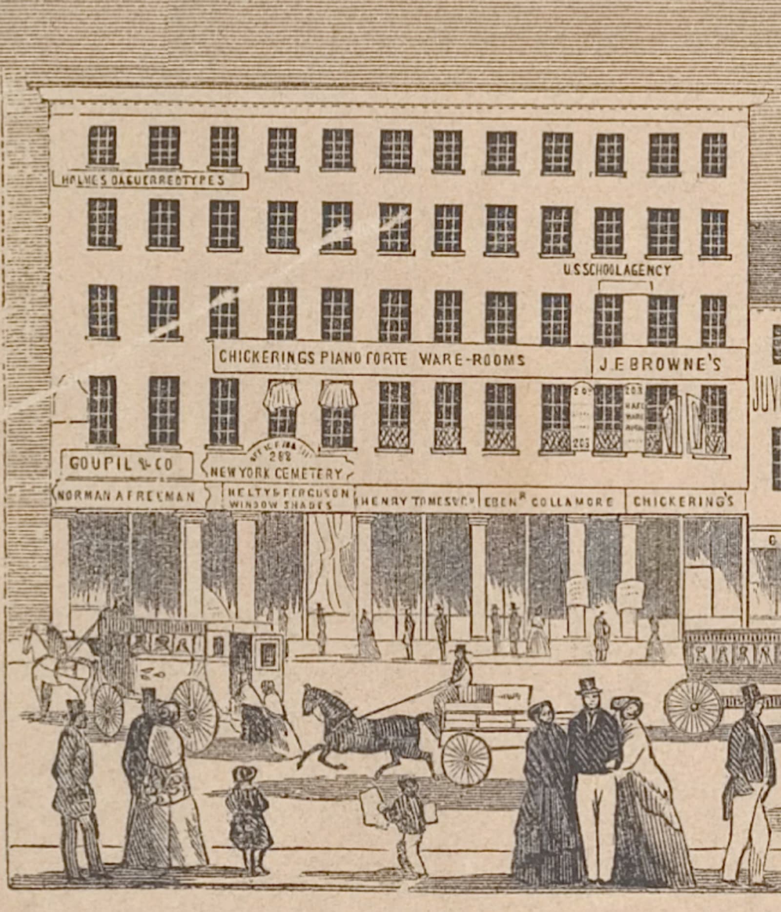 Wood engraving showing the Goupil Gallery at 289 Broadway, New York City, 1854, the building that became M. Knoedler & Co.