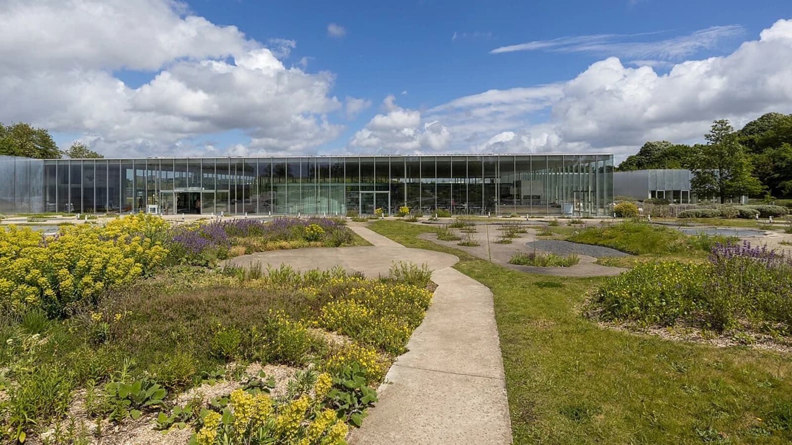 Exterior of the Louvre-Lens museum, Lens, France, showing the long low-profile aluminium and glass building