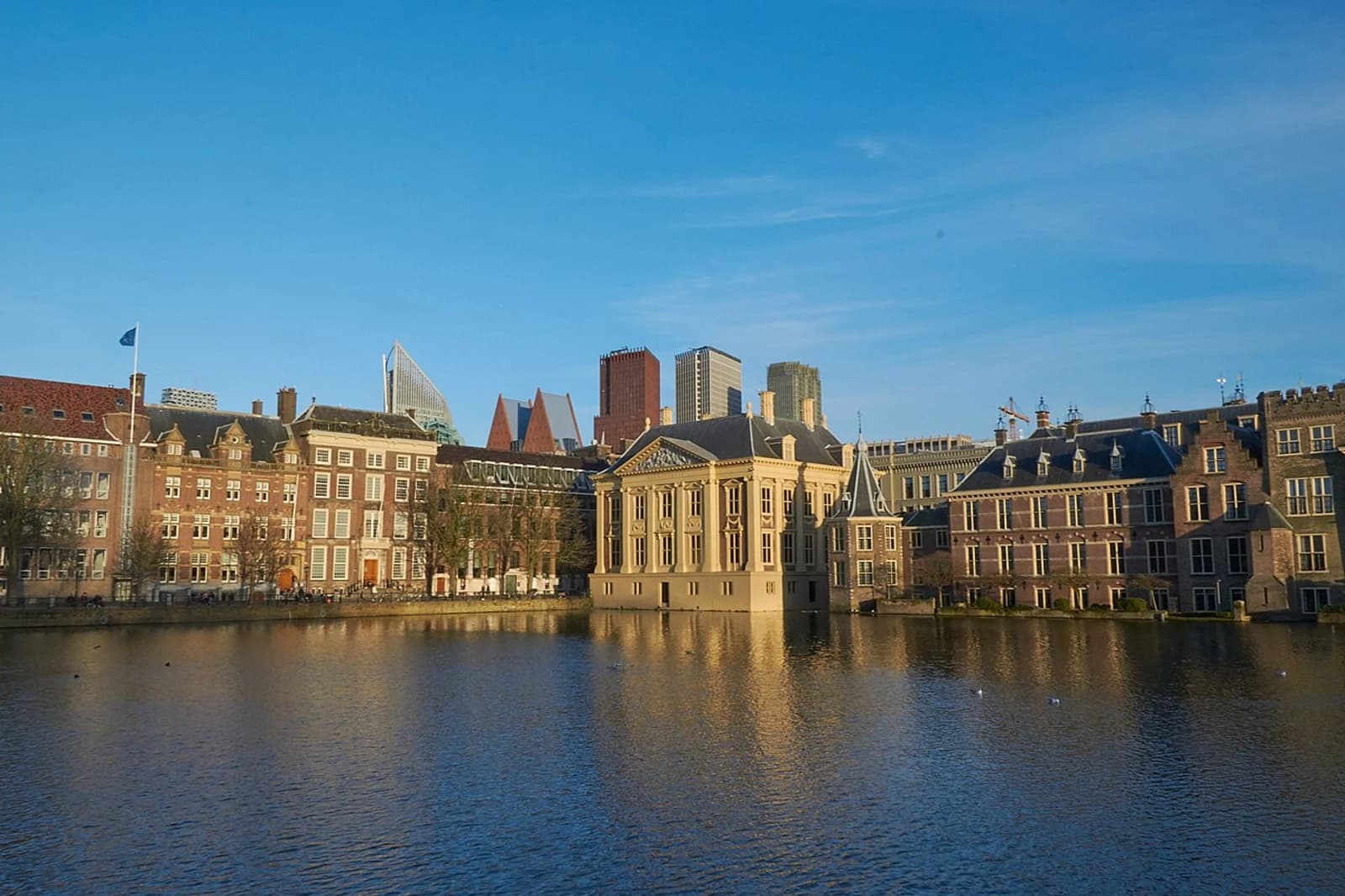 The Mauritshuis museum building in The Hague, Netherlands, viewed from the Hofvijver pond, with sunlight illuminating its classical facade and the city centre skyline visible behind it