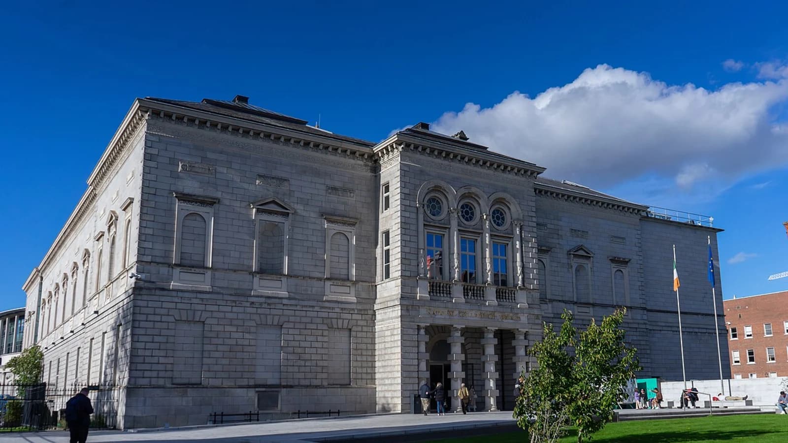 Exterior facade of the National Gallery of Ireland on Merrion Square, Dublin, showing the neoclassical entrance with columns and stonework