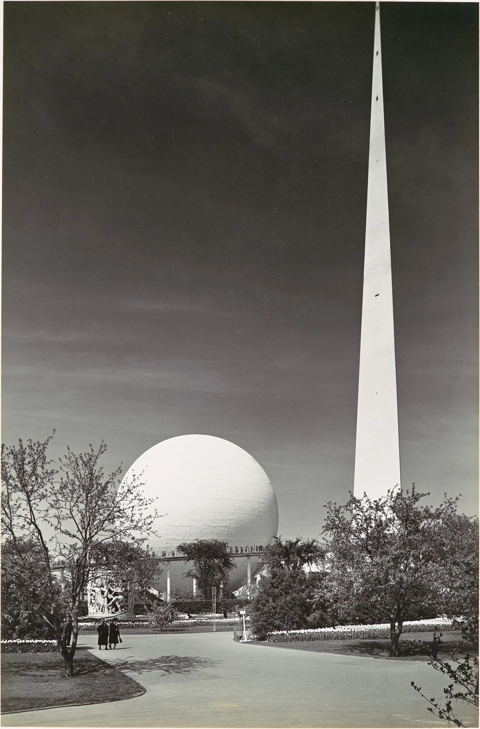 The Trylon and Perisphere, the iconic theme center structures of the 1939 New York World's Fair, photographed by Samuel H. Gottscho