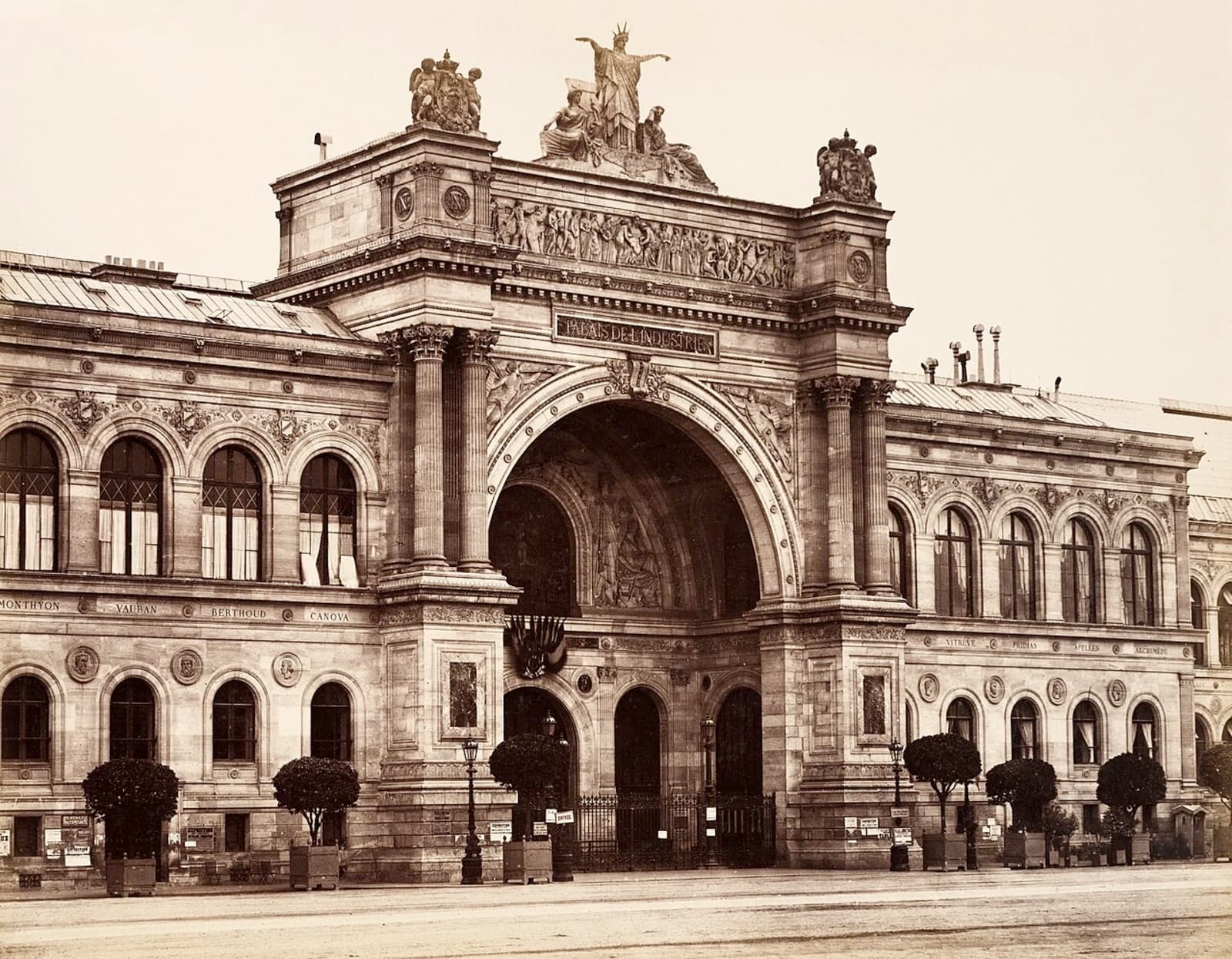 Exterior facade of the Palais de l'Industrie on the Champs-Élysées, Paris, photographed by Édouard Baldus in the 1850s–60s