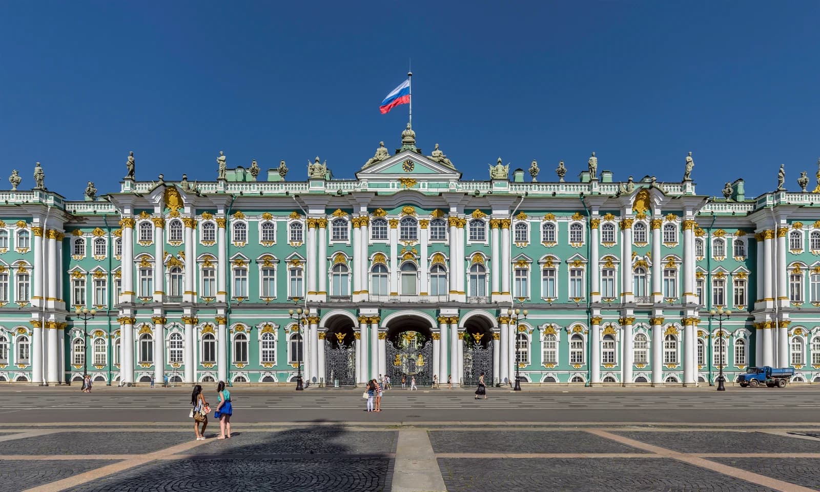 Panoramic view of the south facade of the Winter Palace (State Hermitage Museum) at Palace Square, St Petersburg