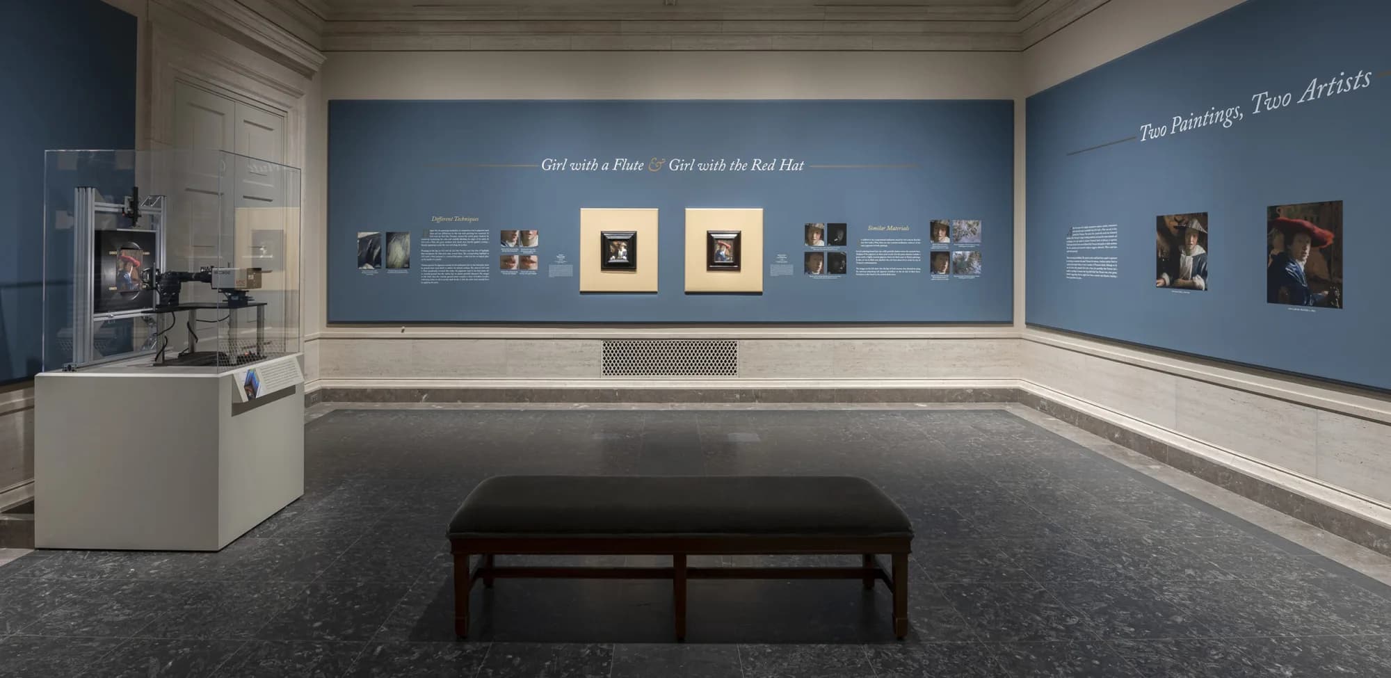 Installation view of Vermeer’s Secrets at the National Gallery of Art, Washington, featuring the museum’s Vermeer paintings alongside technical images and the two 20th-century forgeries on display