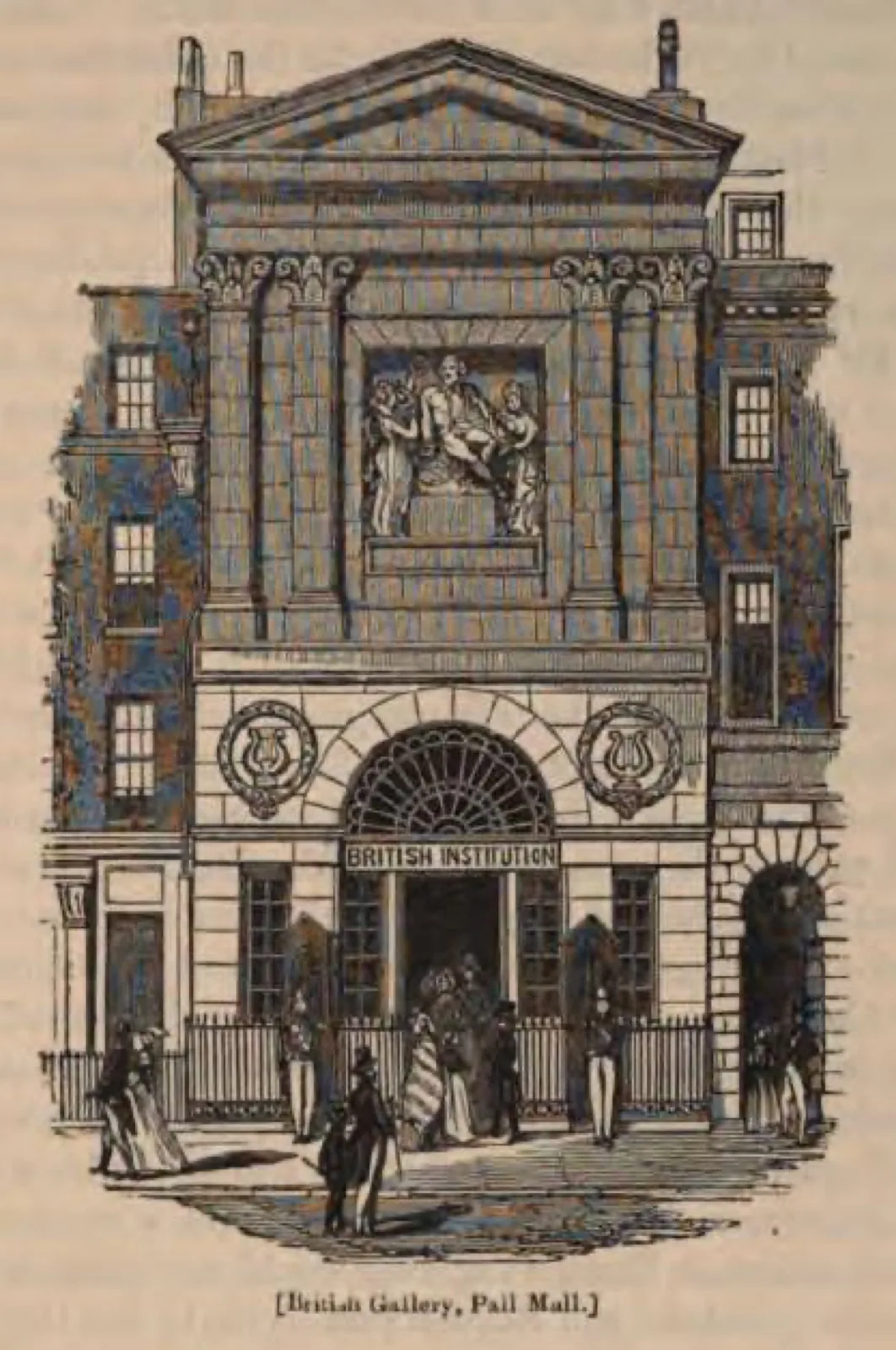 The British Institution at 52 Pall Mall in London, a historical building that housed the private gallery for promoting fine arts in the 19th century.