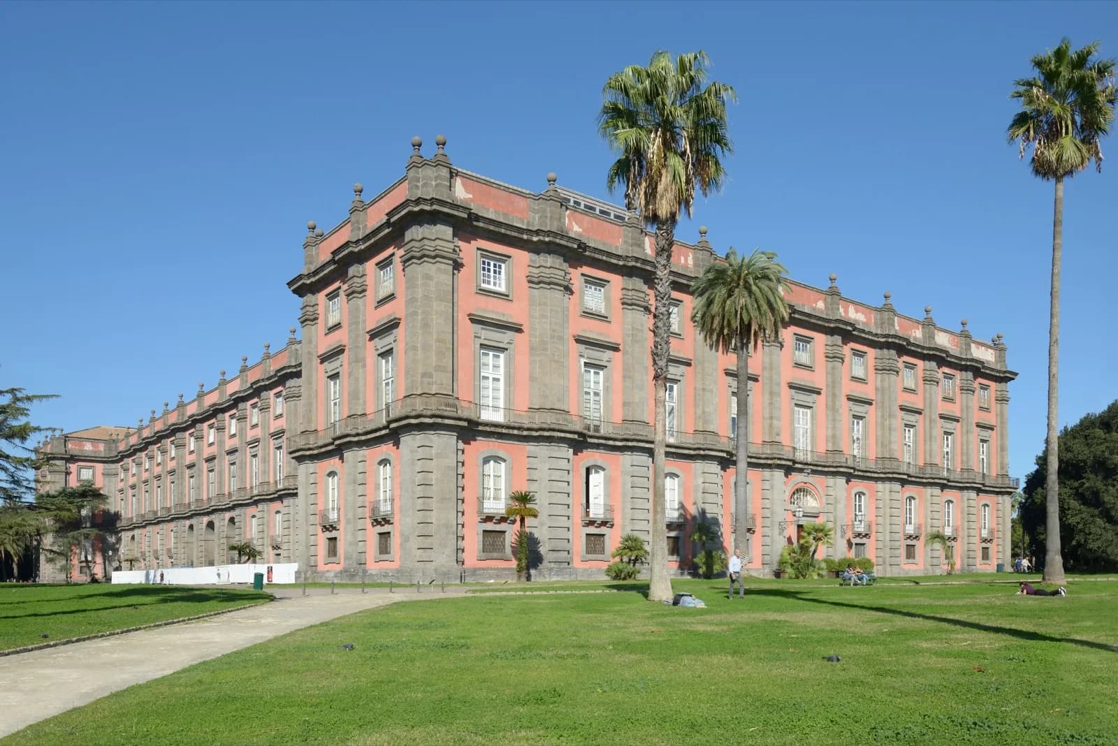 Grand symmetrical facade of the Palazzo di Capodimonte housing the Museo di Capodimonte in Naples, Italy, featuring pink and gray stone, rows of windows, and manicured grounds with palm trees under a clear blue sky.