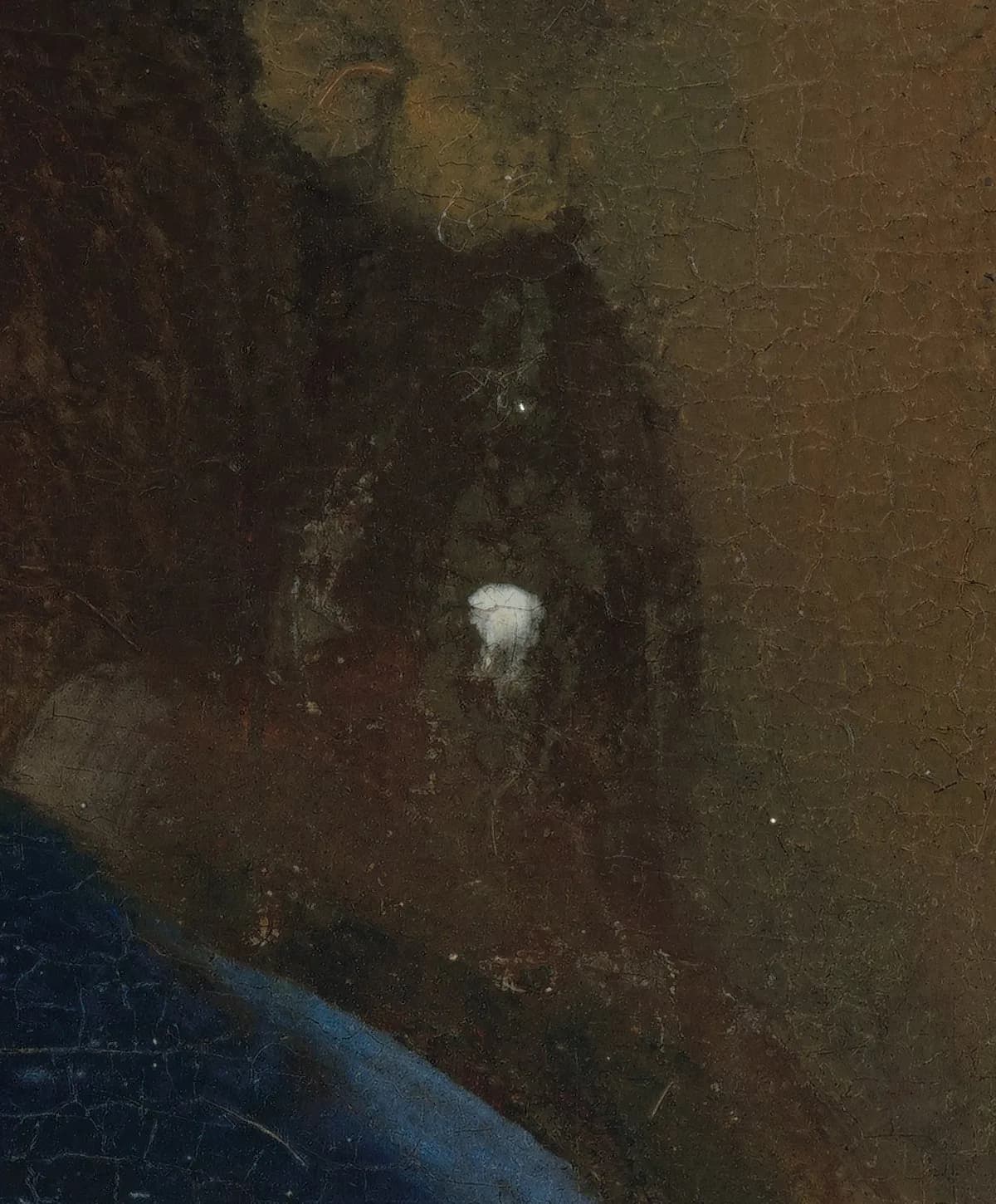Detail of the pearl earring glinting in shadow below the model's ear