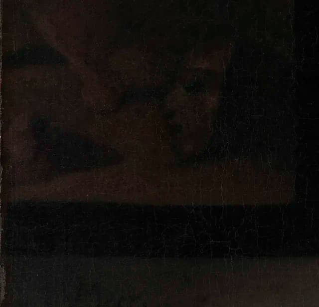 Detail of the dim painting above the sleeping woman in A Maid Asleep, showing a leg of Cupid and a fallen mask