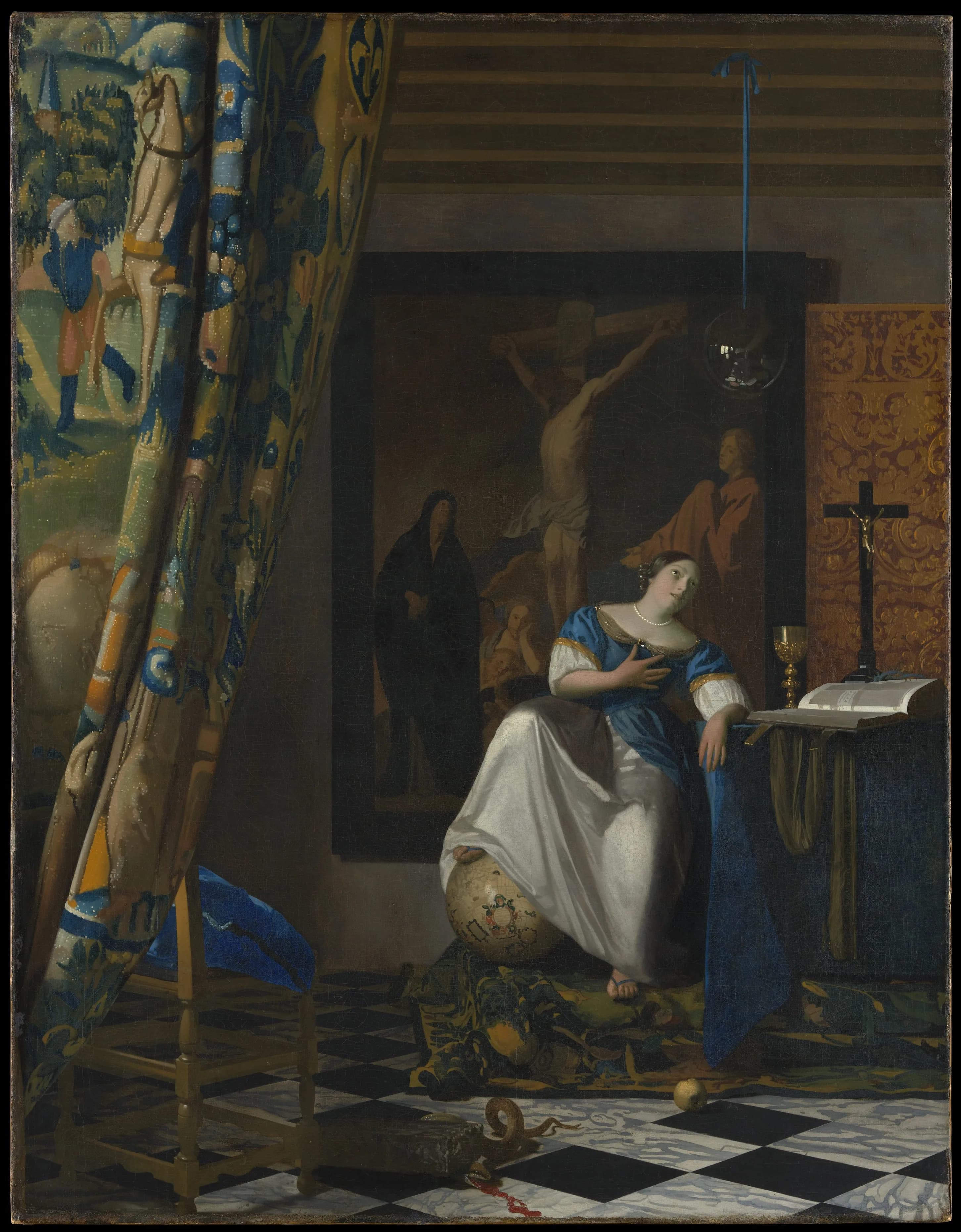 Allegory of Faith by Johannes Vermeer, with a large Crucifixion painting on the back wall