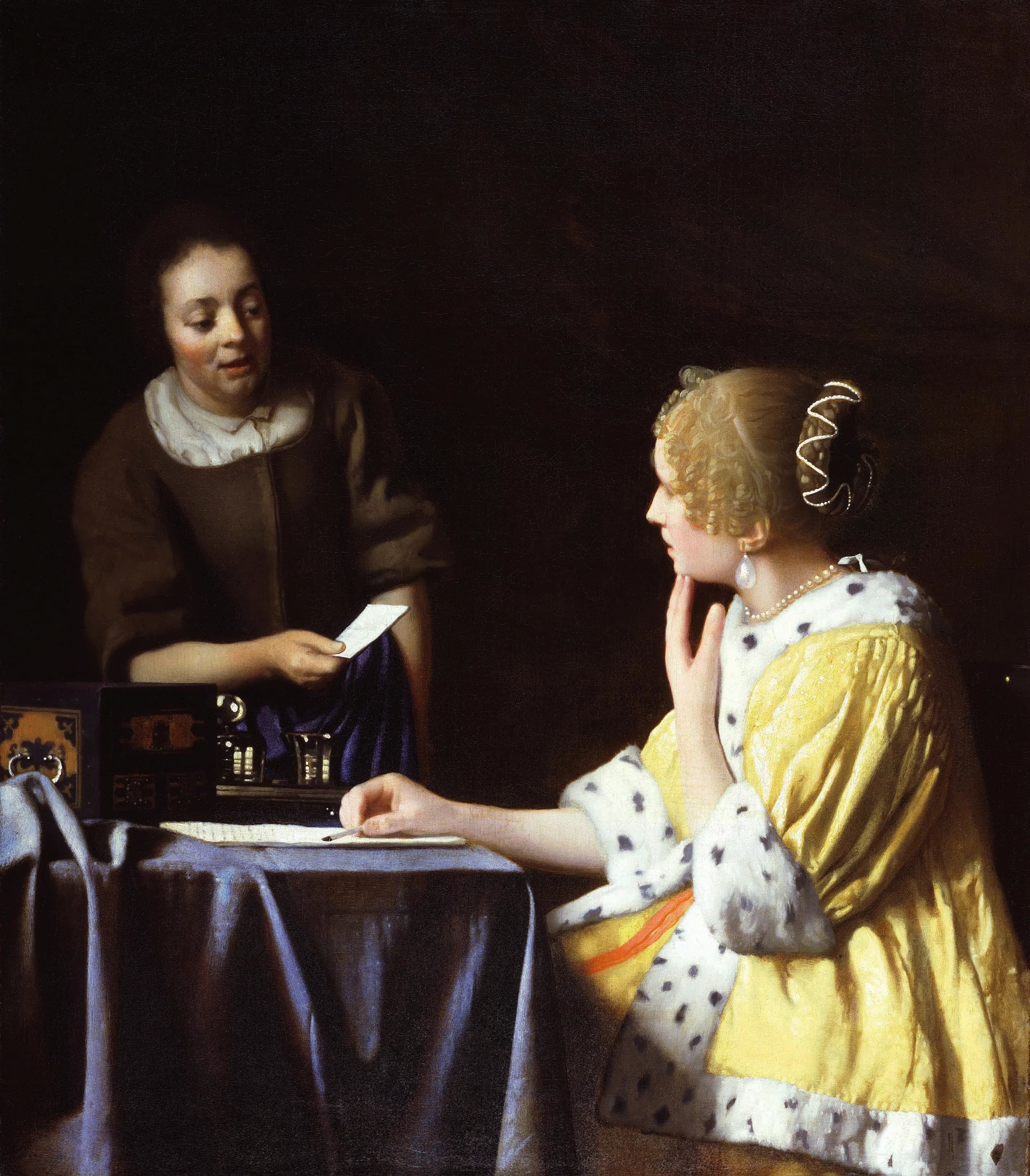 Mistress and Maid by Johannes Vermeer, a maid handing a letter to a seated woman in a yellow jacket before a dark background