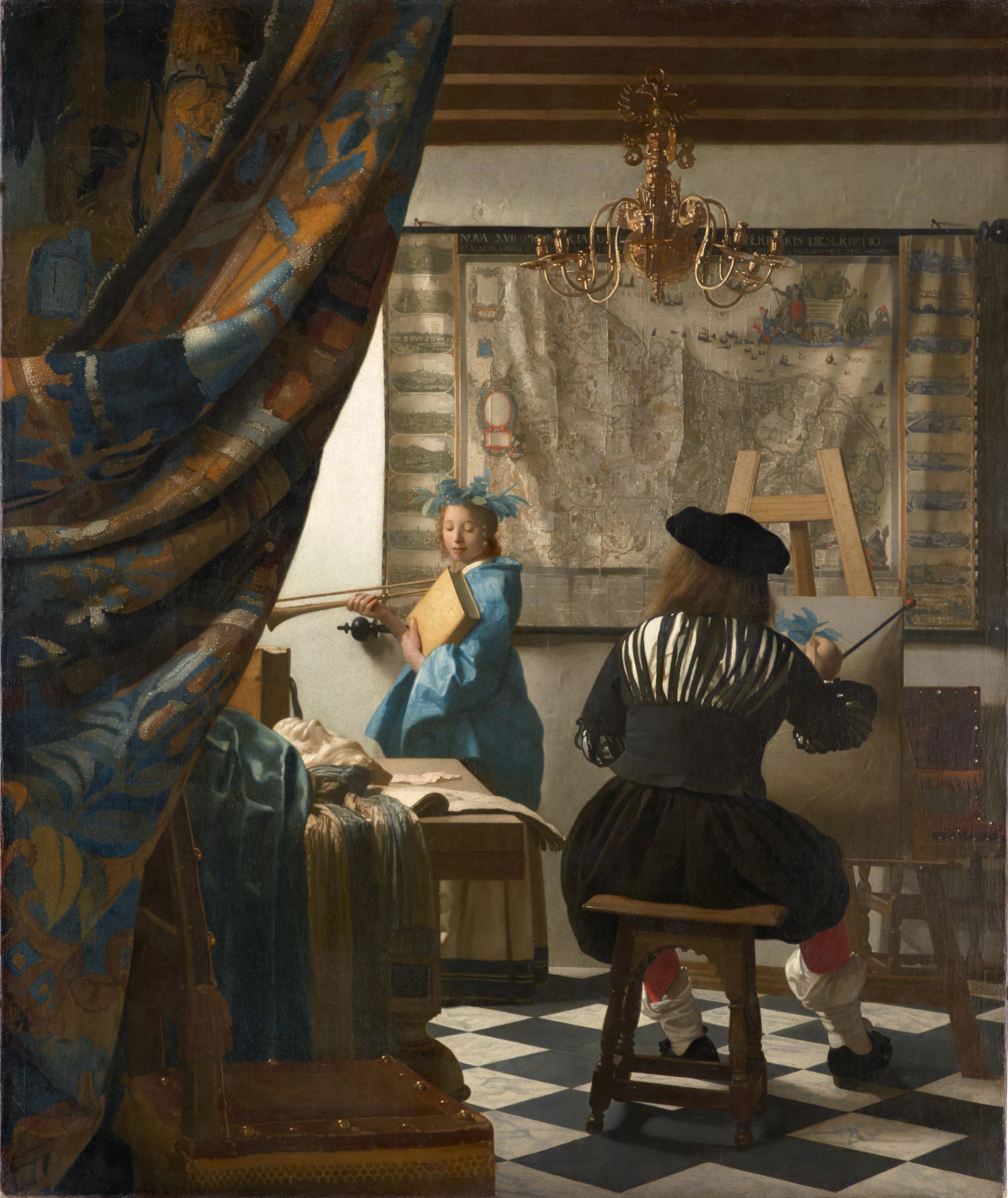The Art of Painting by Johannes Vermeer, with a large map of the Seventeen Provinces filling the back wall behind the painter and his model