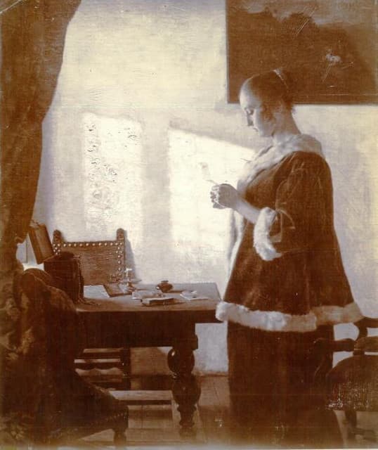 Woman Reading a Letter in an Interior, an 1890 painting by Claus Meyer freely after Johannes Vermeer