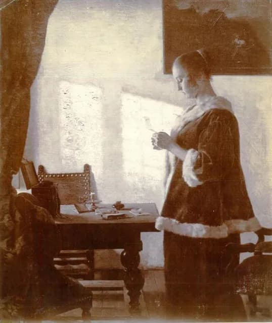 Woman Reading a Letter in an Interior, an 1890 painting by Claus Meyer freely after Johannes Vermeer