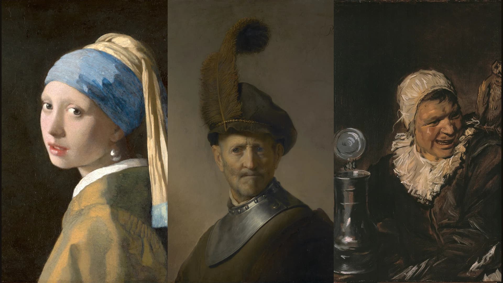 Three seventeenth-century Dutch tronies side by side: Vermeer's Girl with a Pearl Earring, Rembrandt's old man in military costume, and Frans Hals's Malle Babbe