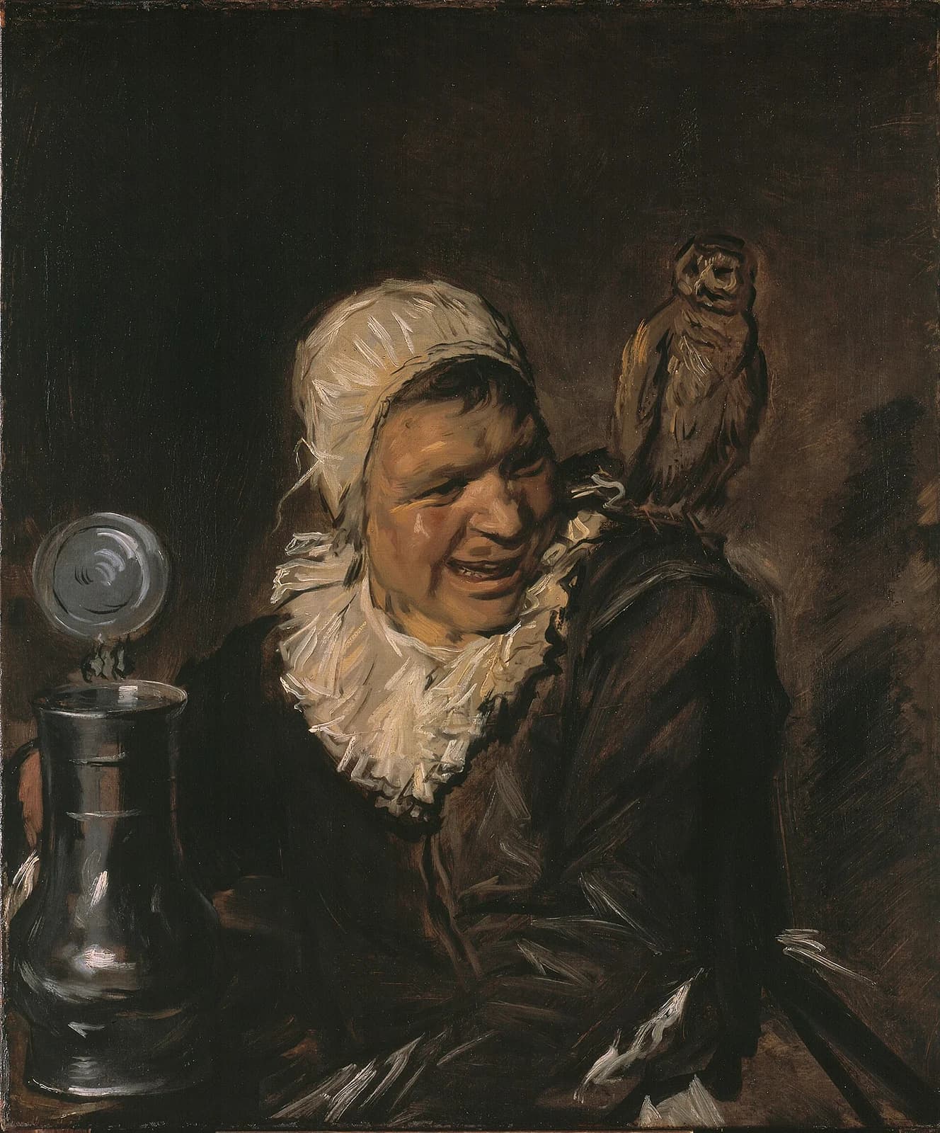 Malle Babbe by Frans Hals, a laughing old woman with a tankard and an owl on her shoulder