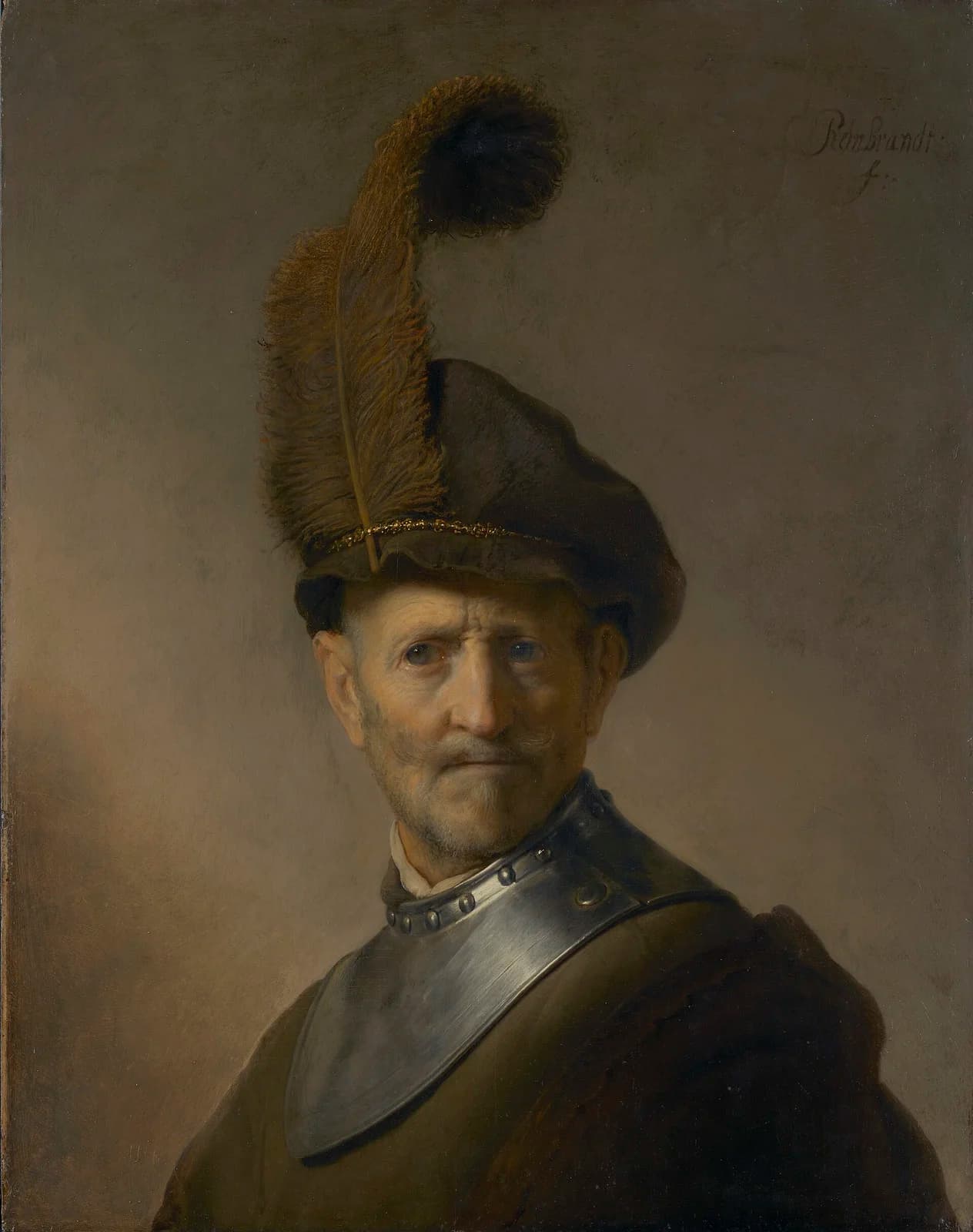 An Old Man in Military Costume by Rembrandt, an old man in a plumed beret and steel gorget
