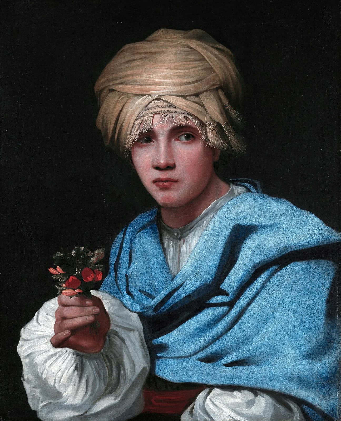 Boy in a Turban Holding a Nosegay by Michael Sweerts, a youth in a white turban and blue wrap against a black ground
