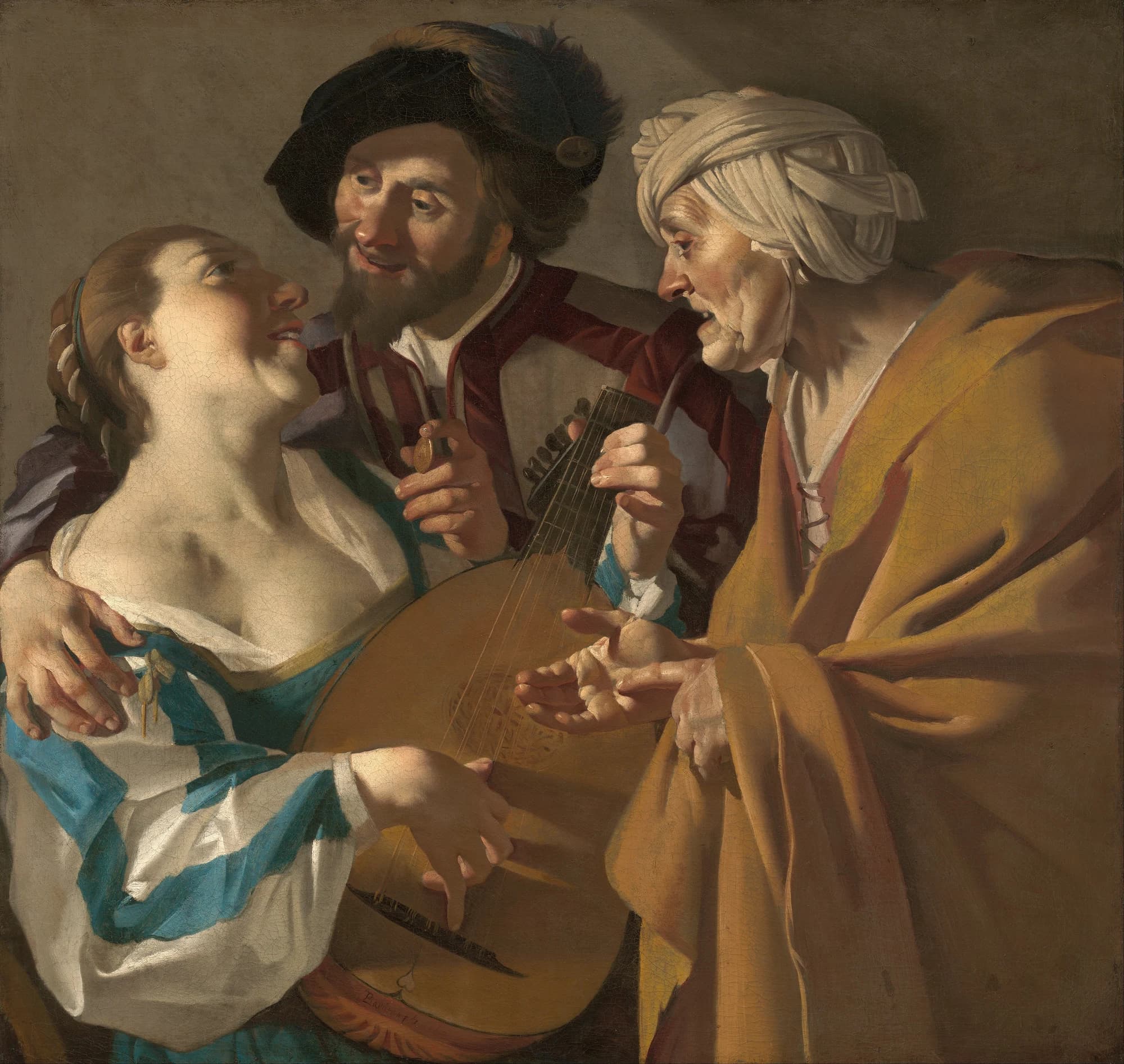 The Procuress by Dirck van Baburen, 1622, showing a lute player, a client, and an old procuress