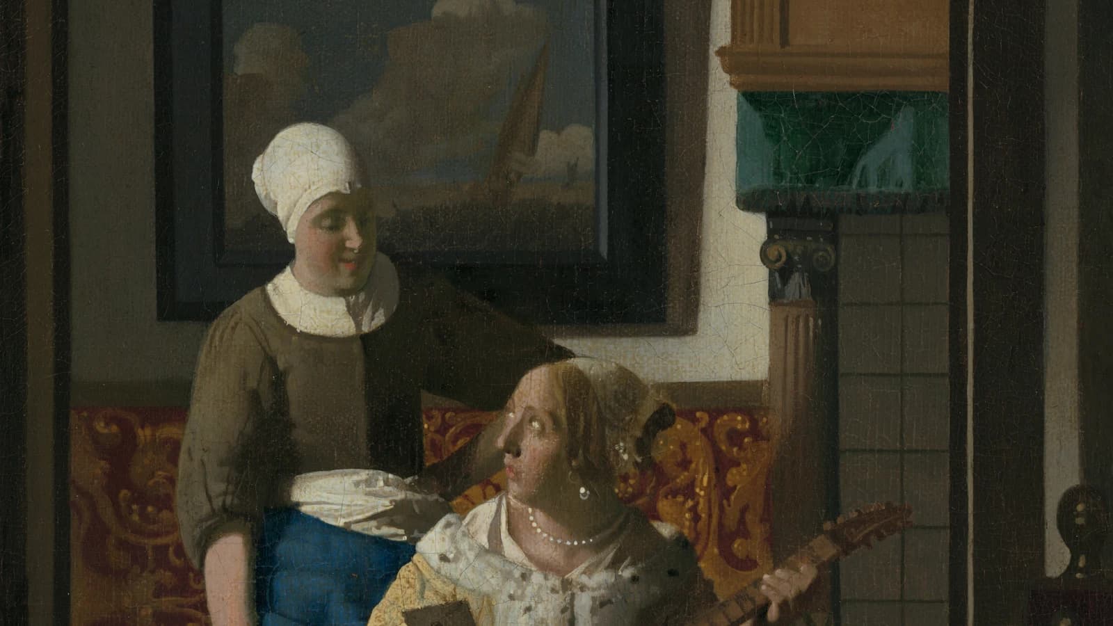 Detail of Vermeer's The Love Letter: a maid hands a letter to her seated mistress, who looks up from a cittern, a seascape hanging behind them.
