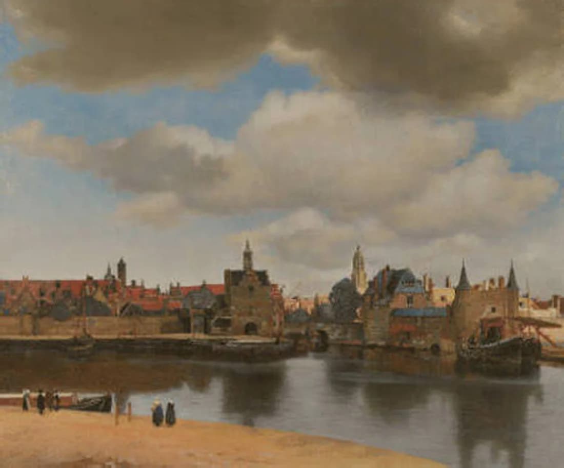 View of Delft before the 1994 cleaning, the whole view warmer and browner under a yellowed varnish, the sky muffled