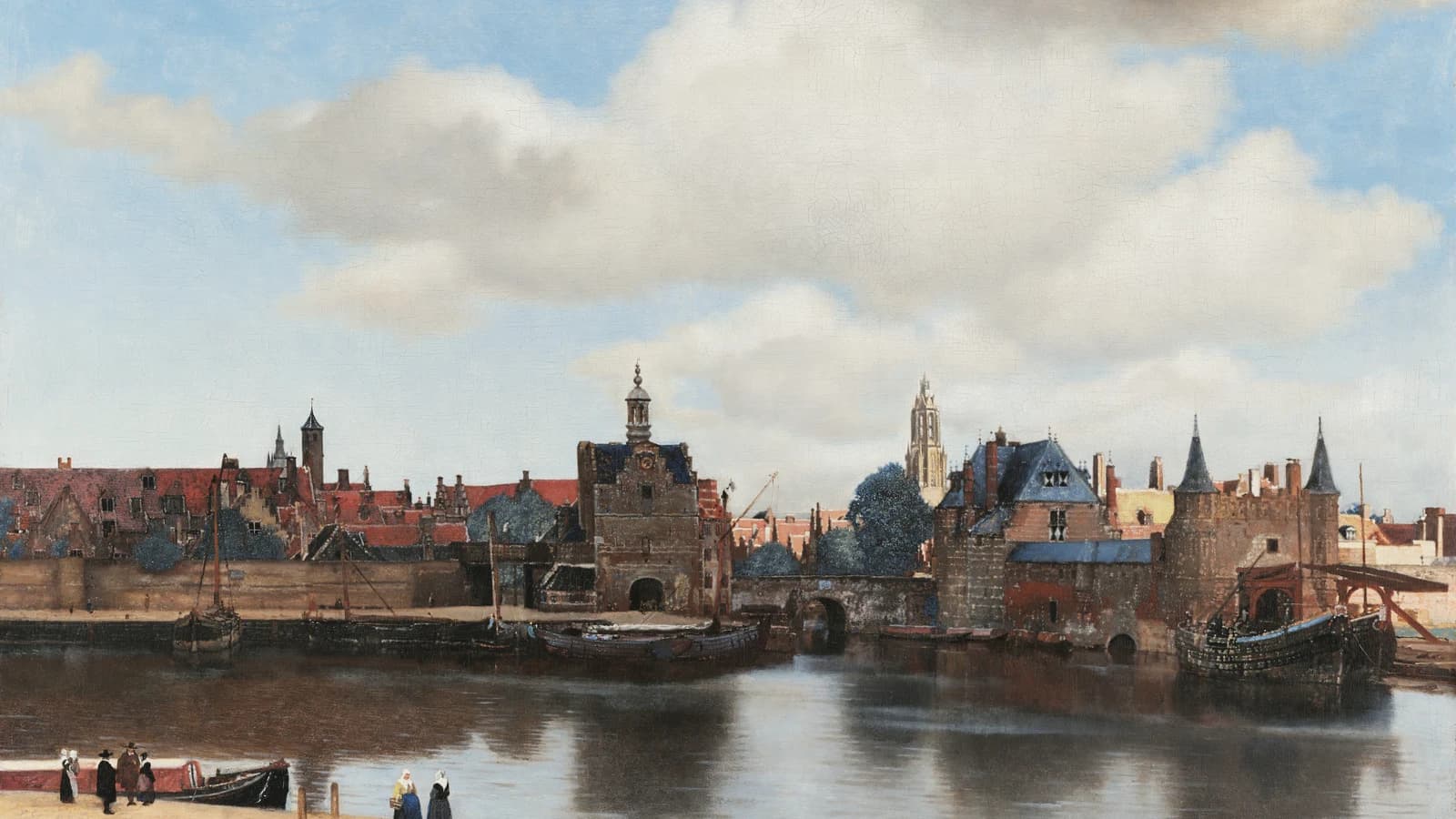 View of Delft by Johannes Vermeer, the city seen across the water under a broad cloudy sky, its gates and the Nieuwe Kerk tower along the far bank