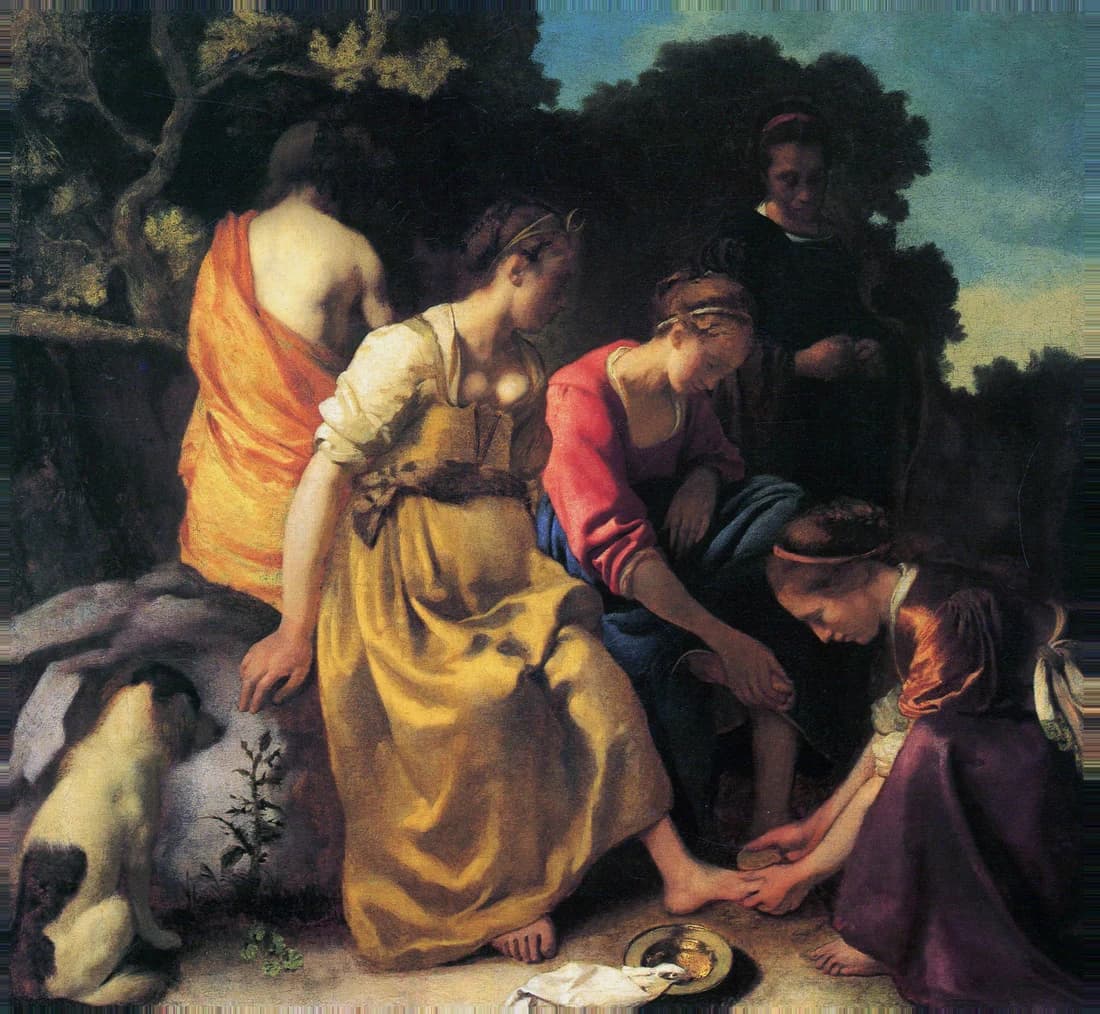 Diana and her Companions before the 1999 to 2000 restoration, a blue sky with clouds filling the upper right corner above the trees