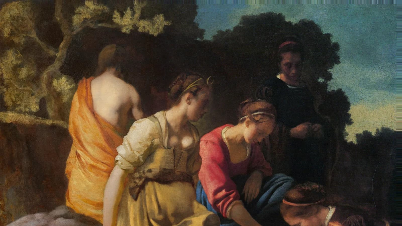Diana and her Companions by Johannes Vermeer, one frame joined diagonally from the pre-restoration state with a blue sky in the upper right corner into the cleaned painting with a dark background