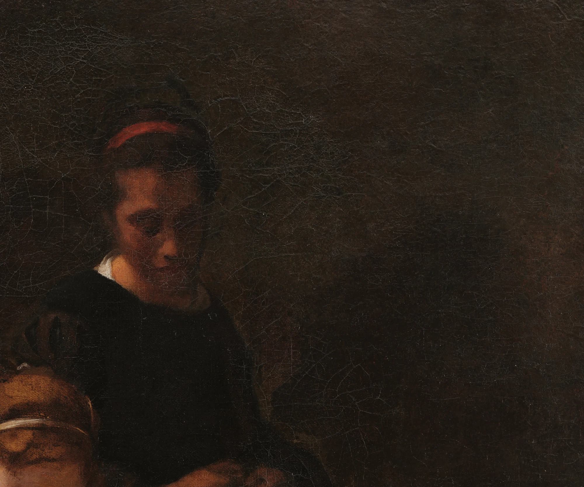 Detail of the dark-clad nymph in the upper right of the painting, set against the dark background that fills the corner where the blue sky once was