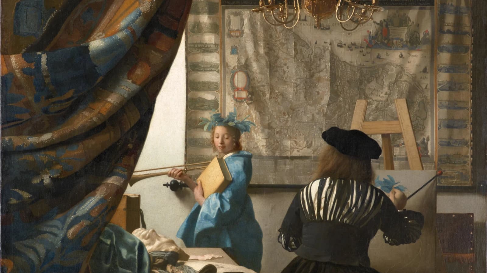 The Art of Painting by Johannes Vermeer, a painter seen from behind at his easel, a model dressed as the muse Clio, a large wall map and a gilt chandelier