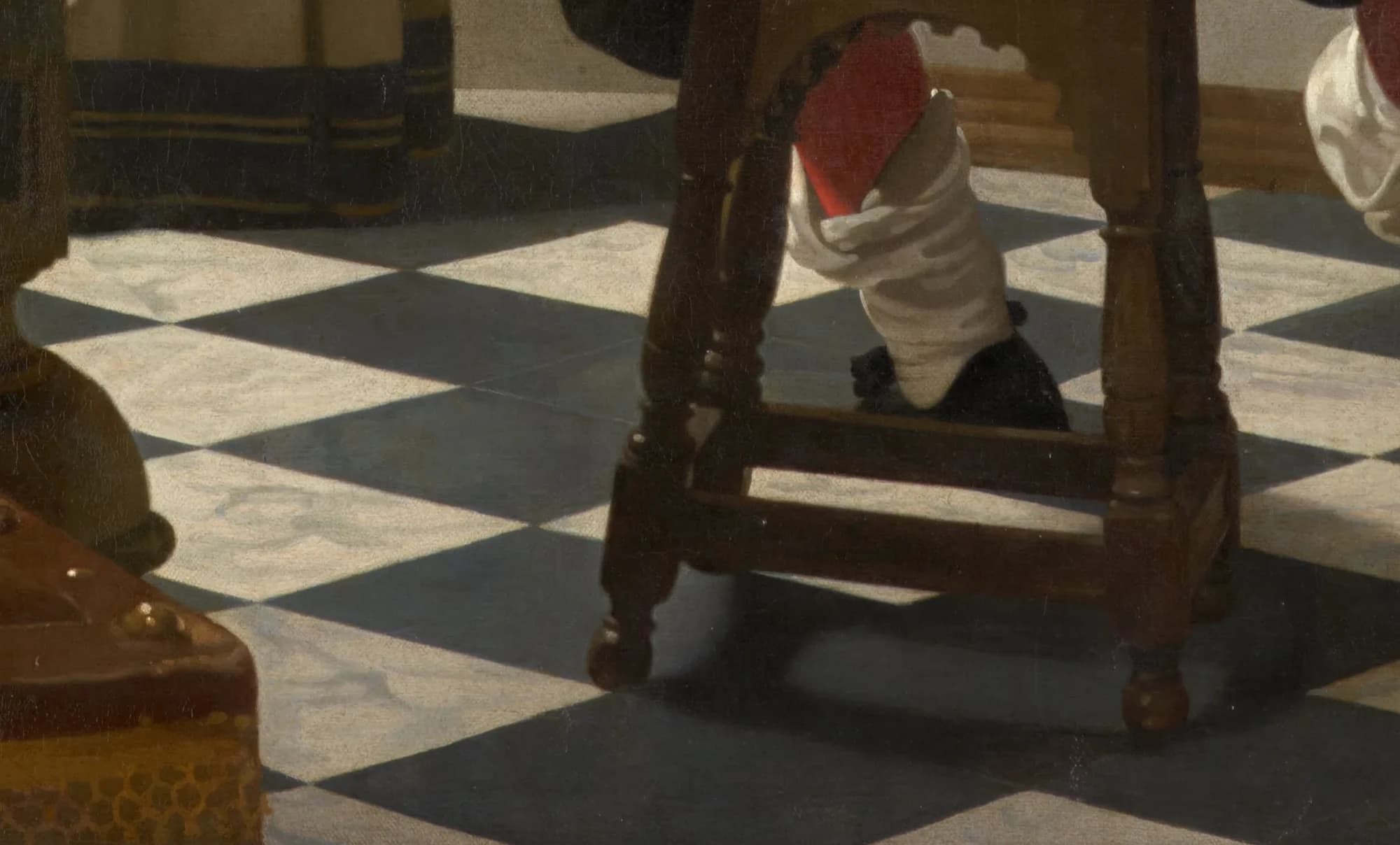 Detail of the black and white tiled marble floor in the foreground, a light, pale passage of paint