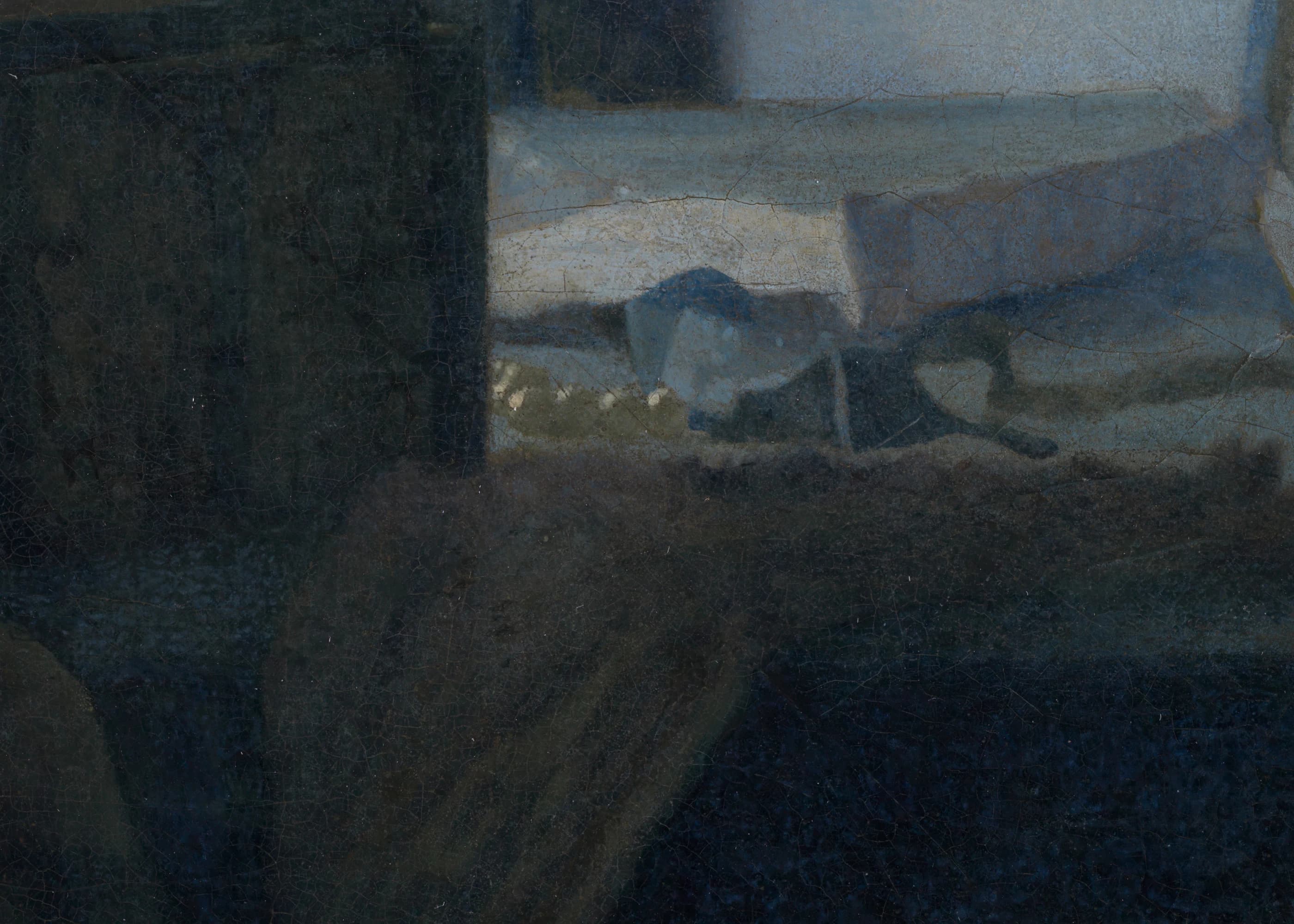 Detail of the table top in front of the woman, with a row of light dabs that an earlier restorer had turned into a string of pearls
