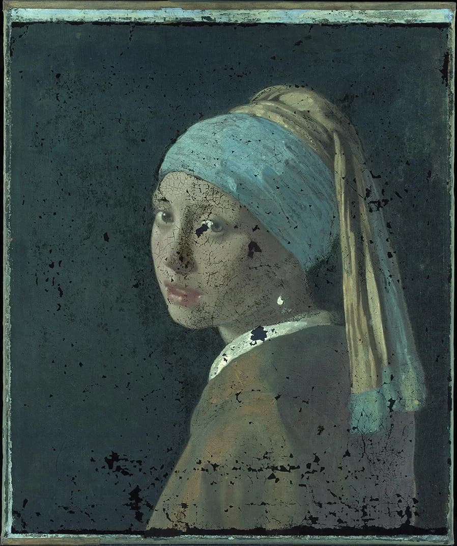 The whole painting photographed under ultraviolet light, the varnish glowing a greenish hue and dark spots marking where later restorers retouched losses