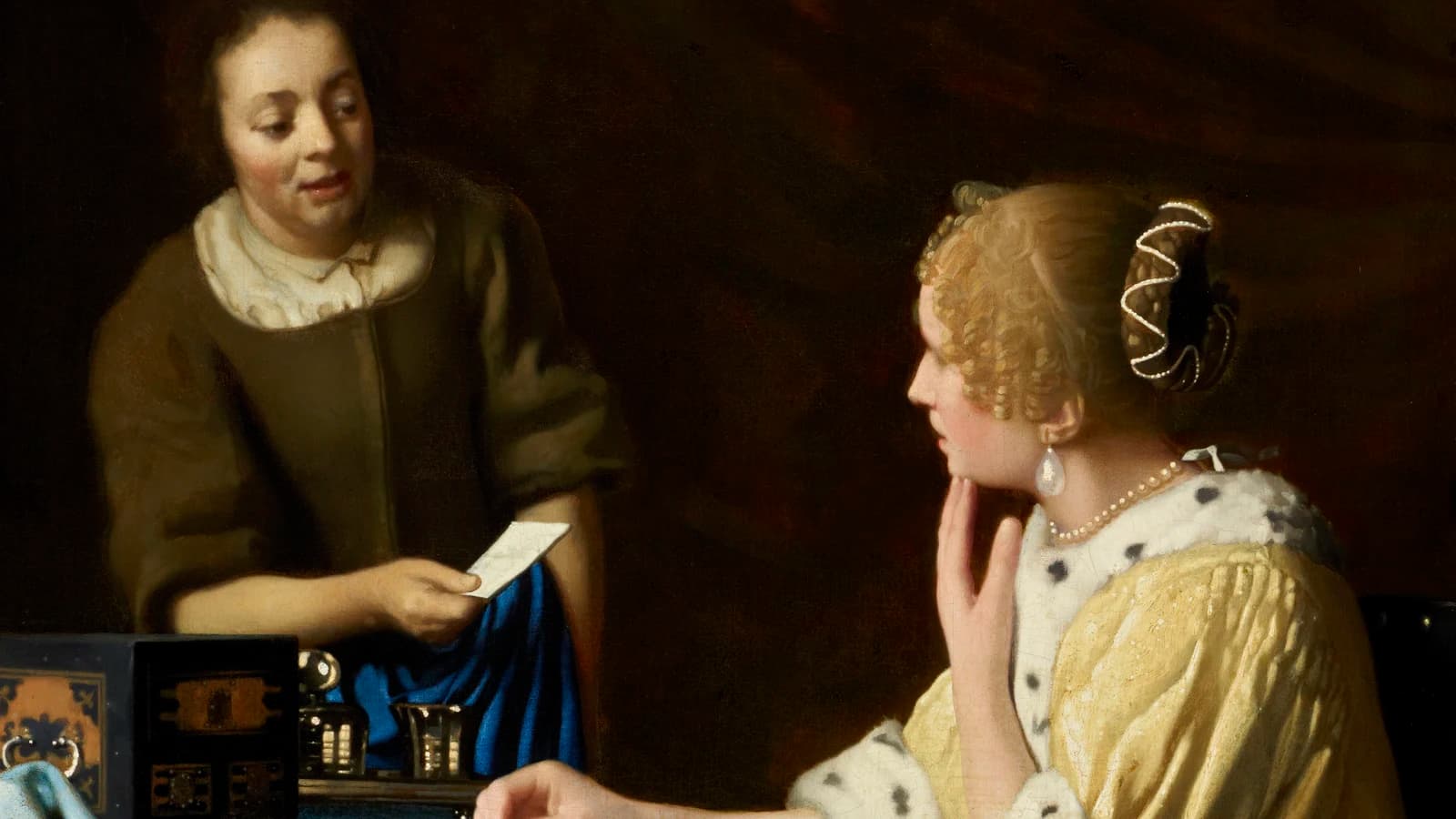 Vermeer's Mistress and Maid, a maid in olive handing a letter to a seated woman in a fur-trimmed yellow jacket against a dark background