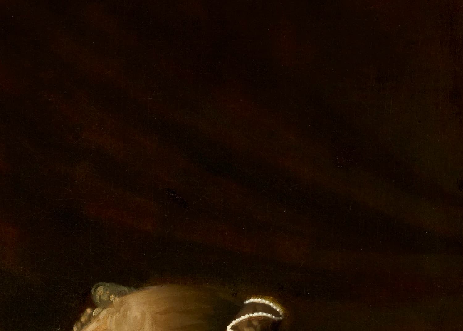 Detail of the dark brown background of Mistress and Maid, with faint diagonal folds of a hanging just visible