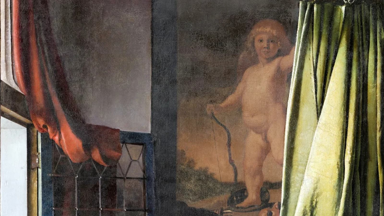 A painted Cupid on the back wall of Vermeer's Girl Reading a Letter at an Open Window, framed by a window and a green curtain