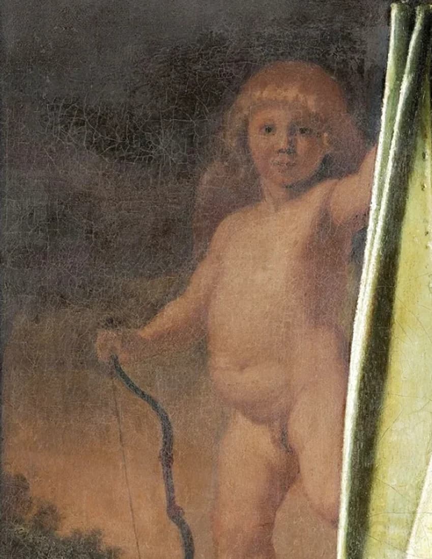 Detail of the recovered Cupid on the back wall, holding a bow