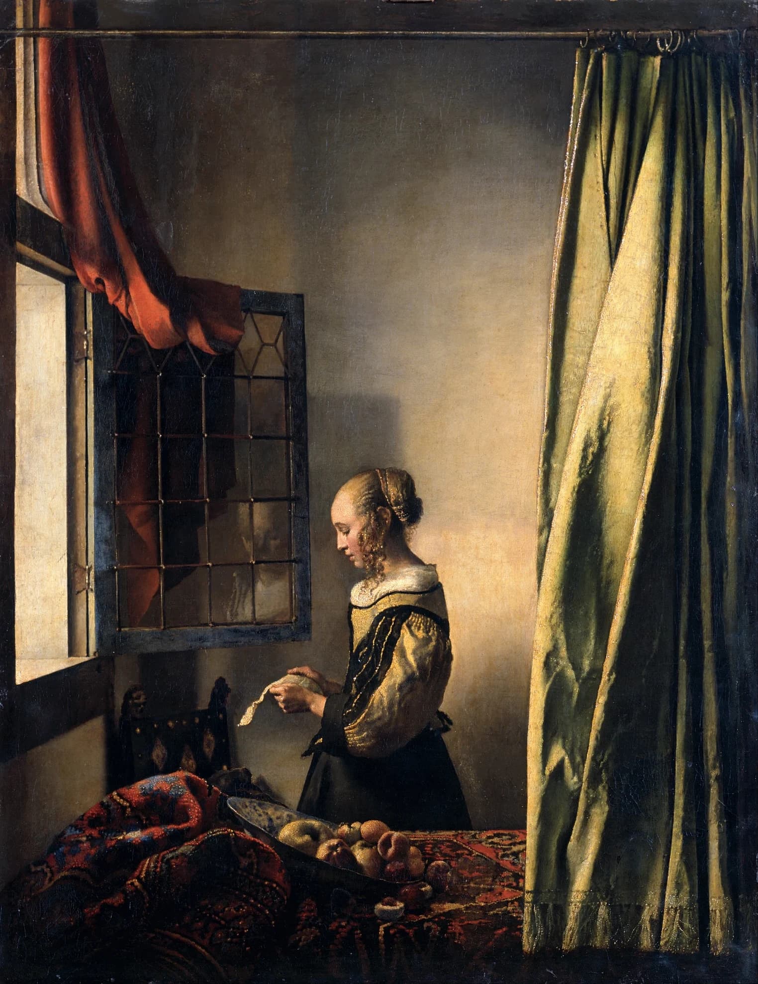 Girl Reading a Letter at an Open Window before restoration, the wall behind the woman blank