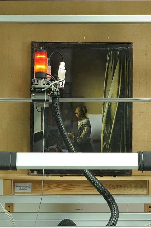Girl Reading a Letter at an Open Window mounted on an X-ray easel in the Dresden conservation studio, with imaging apparatus and a warning lamp in front of it