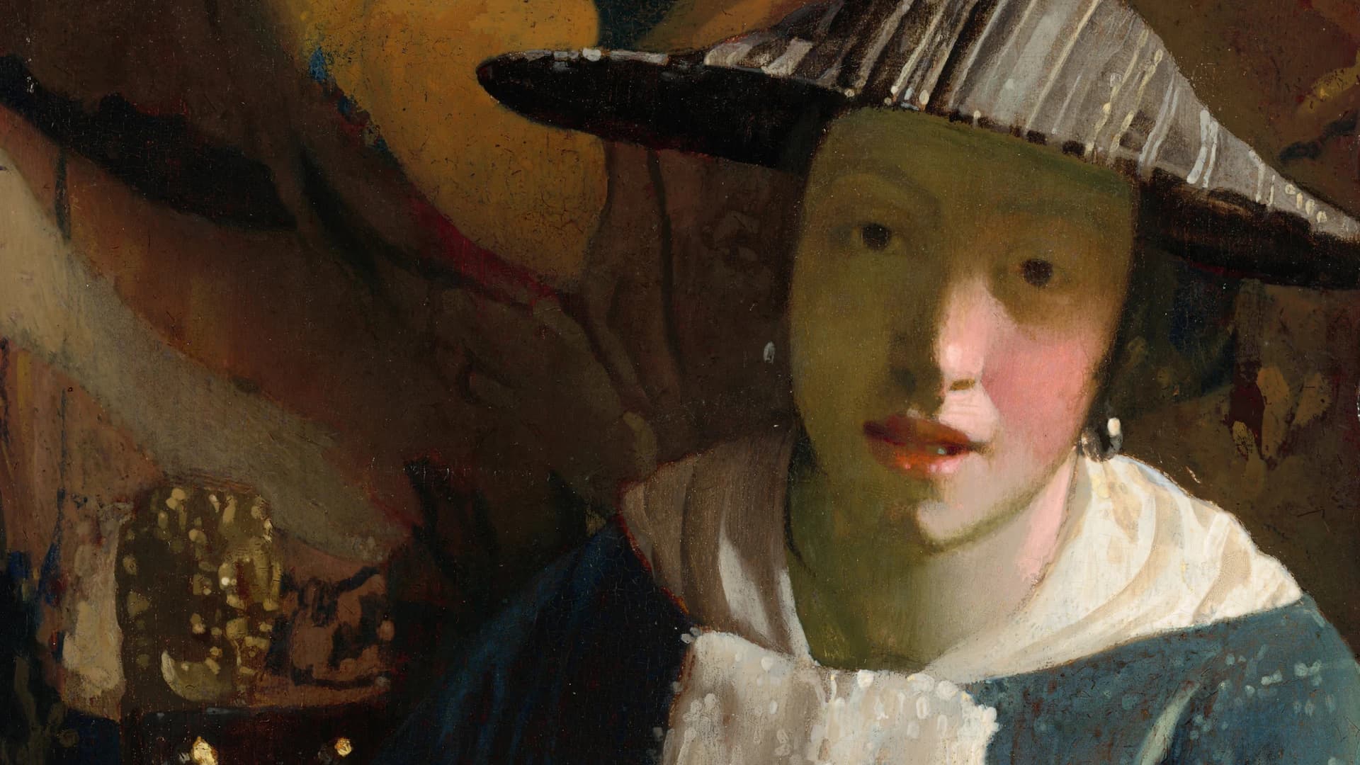 Detail of Girl with a Flute, a young figure in a striped conical hat and fur-trimmed jacket against a dark tapestry, the face modelled in flat planes