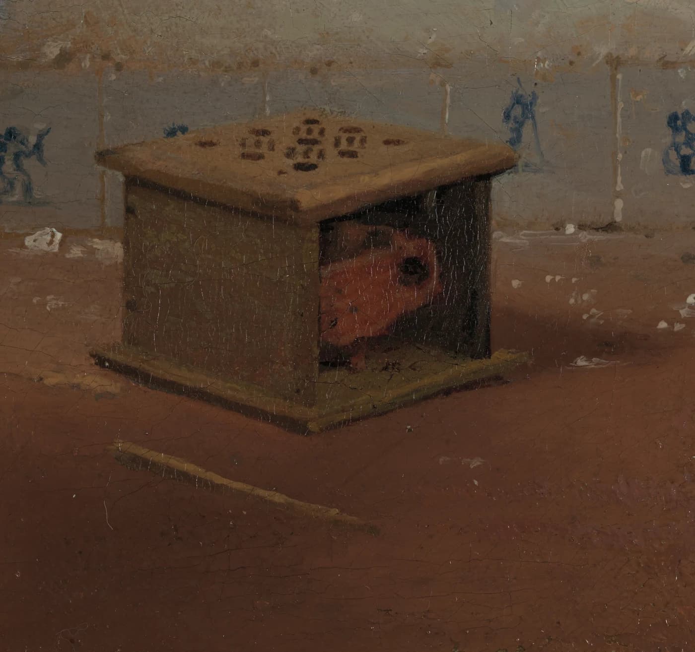 Detail of the lower right corner of The Milkmaid, a wooden foot stove on the floor with a strip of blue Delftware tiles along the baseboard