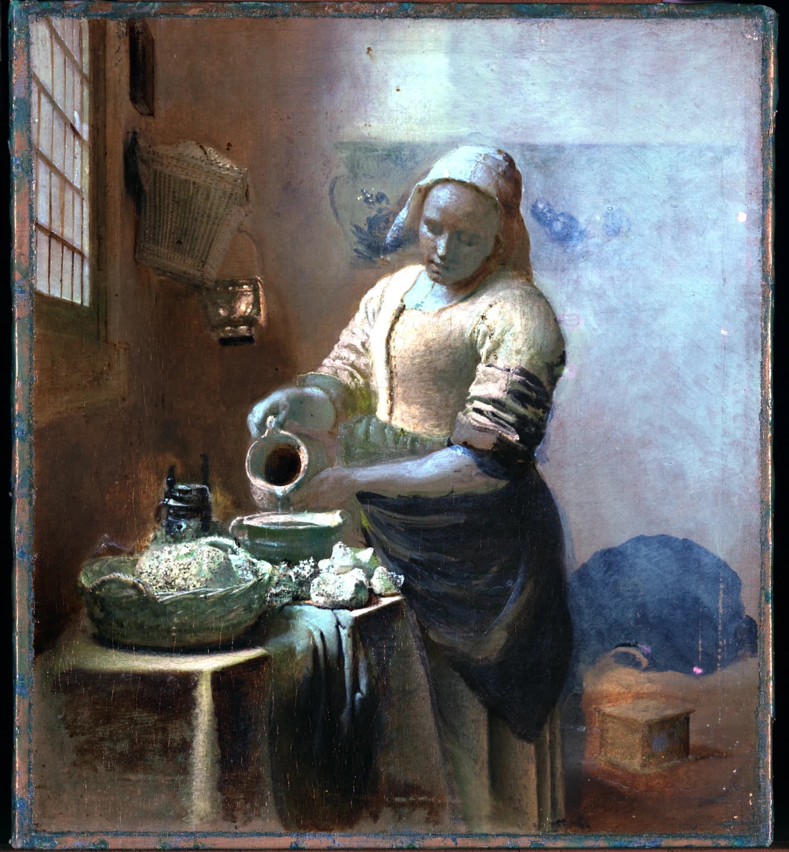 False-colour short-wave infrared scan of The Milkmaid, with a rack of hanging jugs faintly visible on the wall behind the maid's head