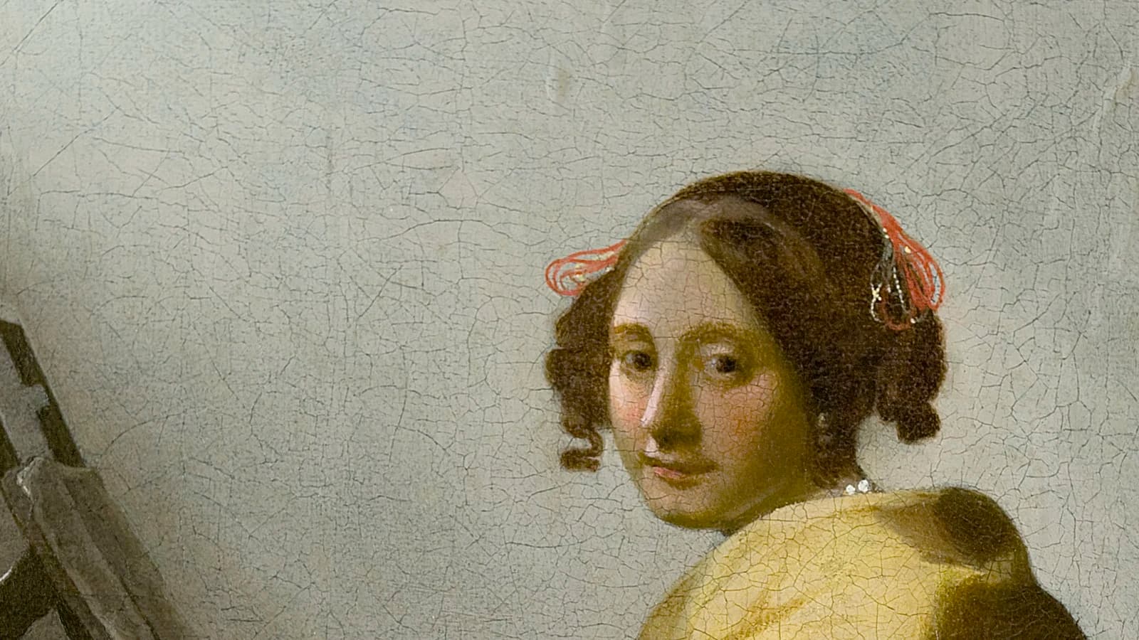 Detail of A Young Woman Seated at the Virginals, the sitter turning from the keyboard to meet the viewer's eye, a yellow shawl at her shoulder