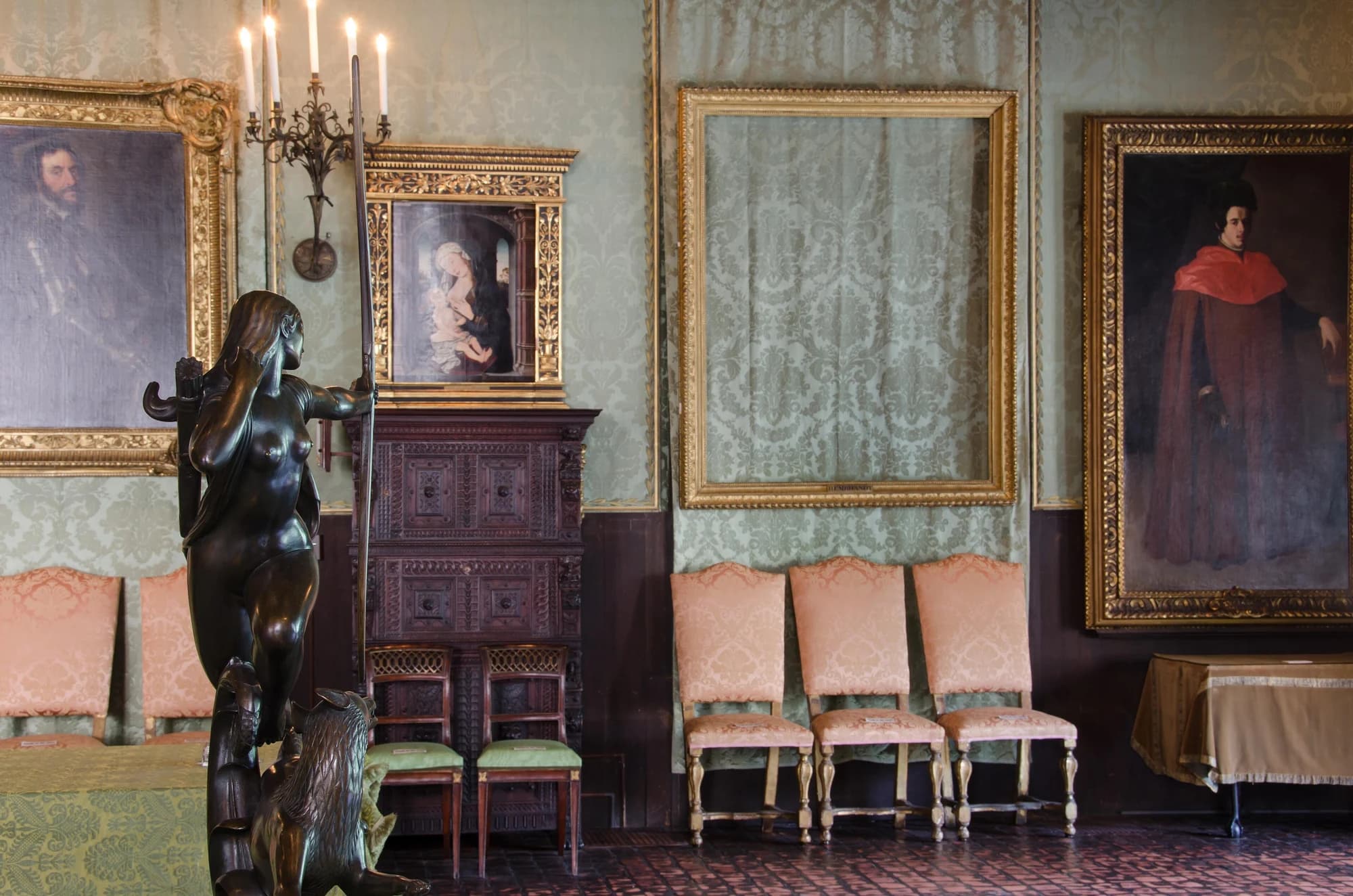 Empty frames hanging in the Isabella Stewart Gardner Museum