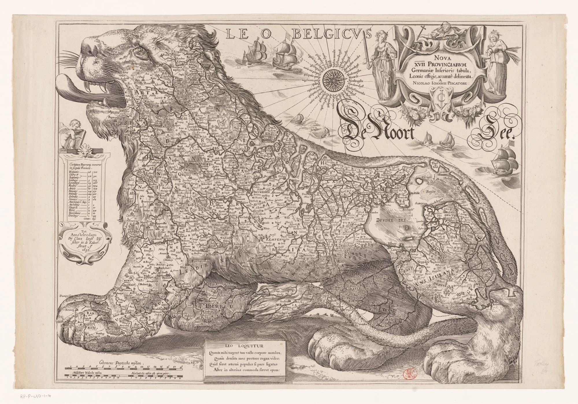A 1656 map of the Seventeen Provinces of the Netherlands drawn in the shape of a lion, the Leo Belgicus, published by Nicolaes Visscher