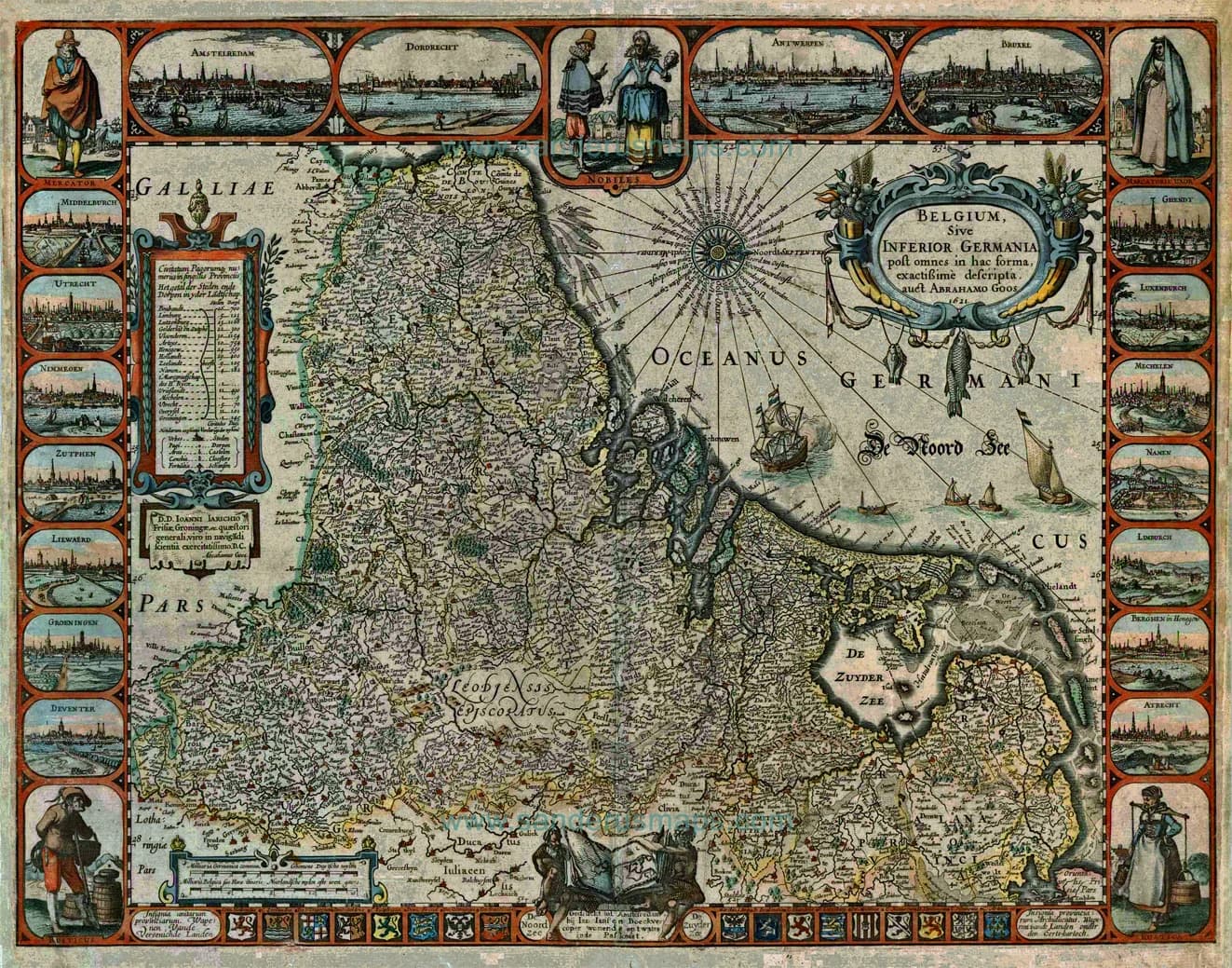 A printed 1621 wall map of the Low Countries by Abraham Goos, framed by views of towns and figures in regional dress