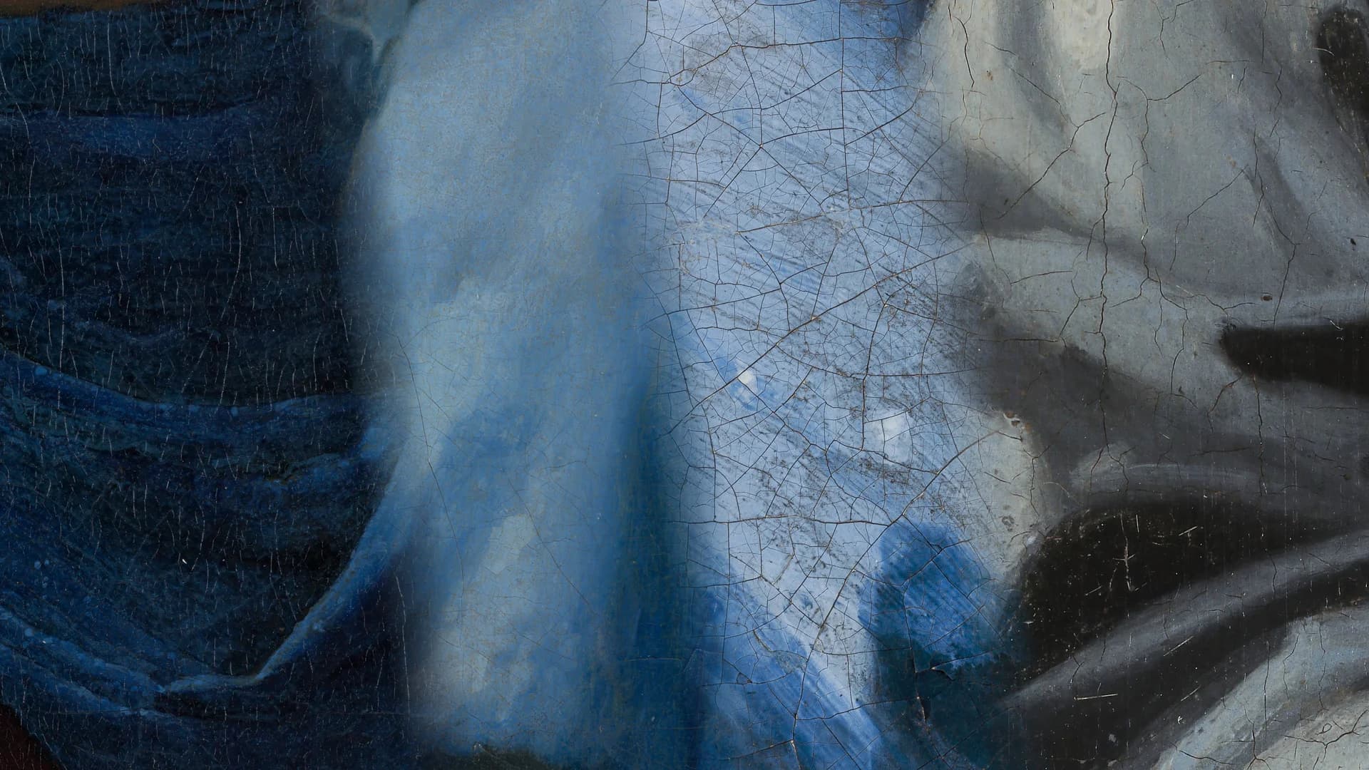Four extreme close-ups of ultramarine paint in Vermeer's paintings blended side by side, the blue brushwork and craquelure of the Milkmaid's apron, the jacket of Woman in Blue Reading a Letter, the headscarf of Girl with a Pearl Earring, and the Geographer's gown
